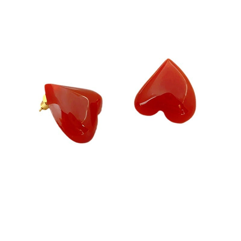 Women's French Retro High-grade Heart-shaped Black Agate Red Ear Sier Earrings