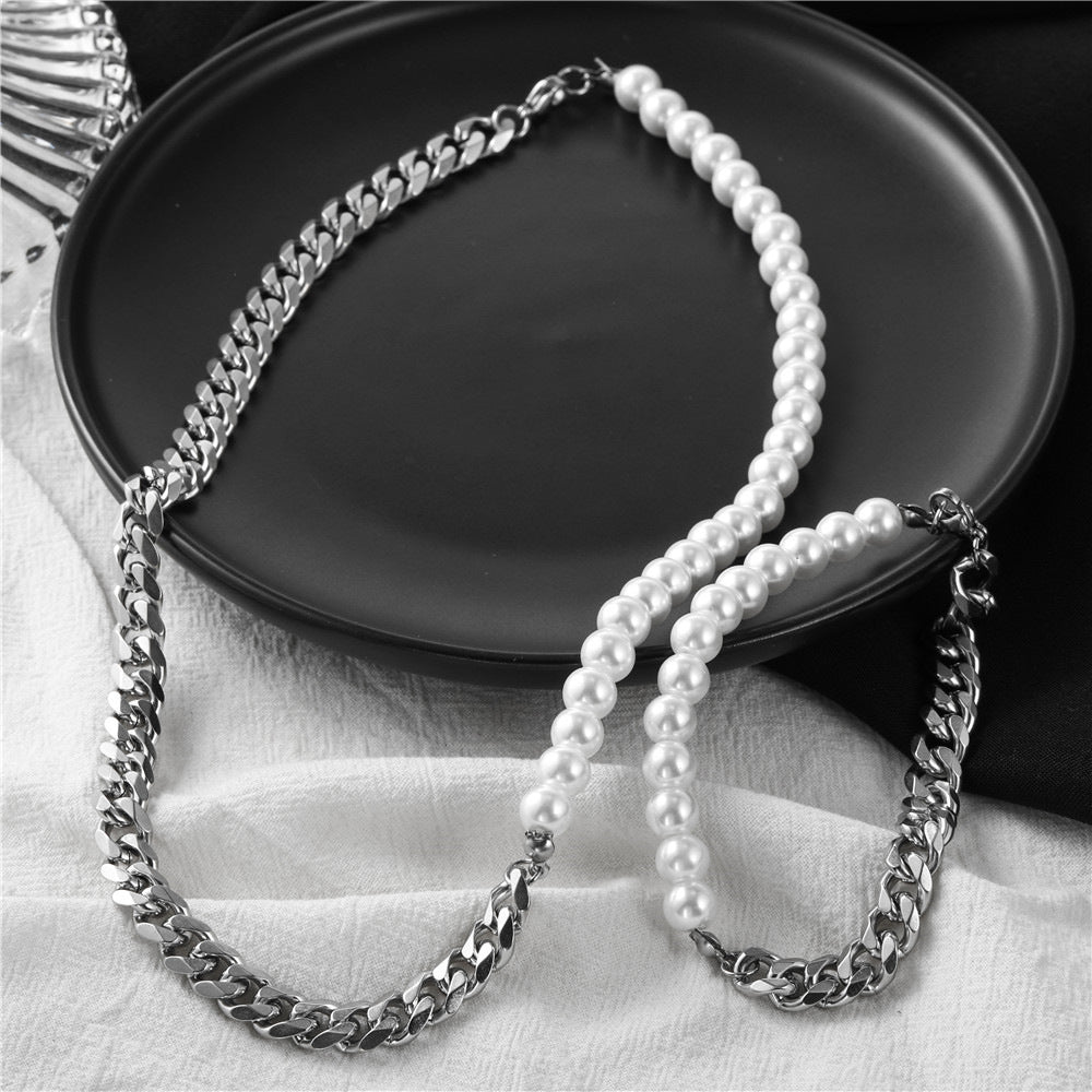 Men's Stitching Stainless Steel Cuban Chain Pearl Colorfast Titanium Necklaces