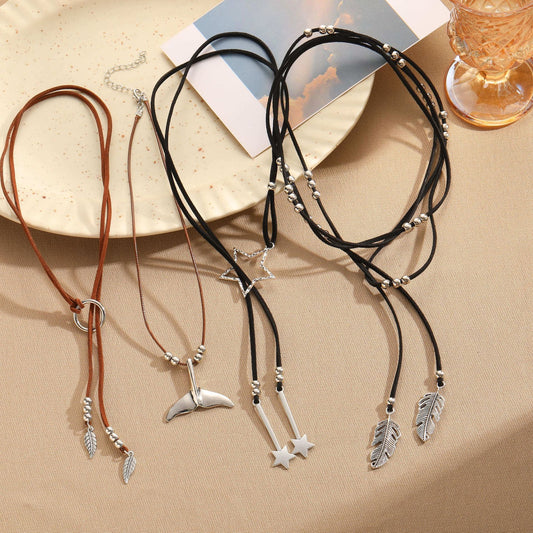 Alloy Leaf Tassel Minimalist Vintage Bohemian Double Leather Necklaces