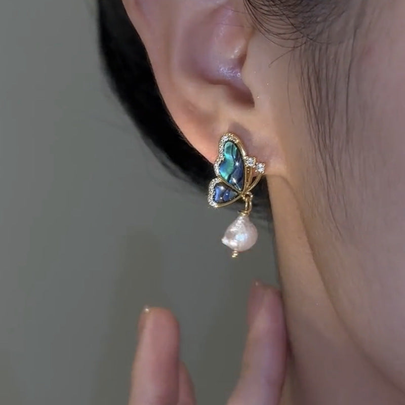 Green Butterfly Light Luxury French High-grade Freshwater Pearl Earrings