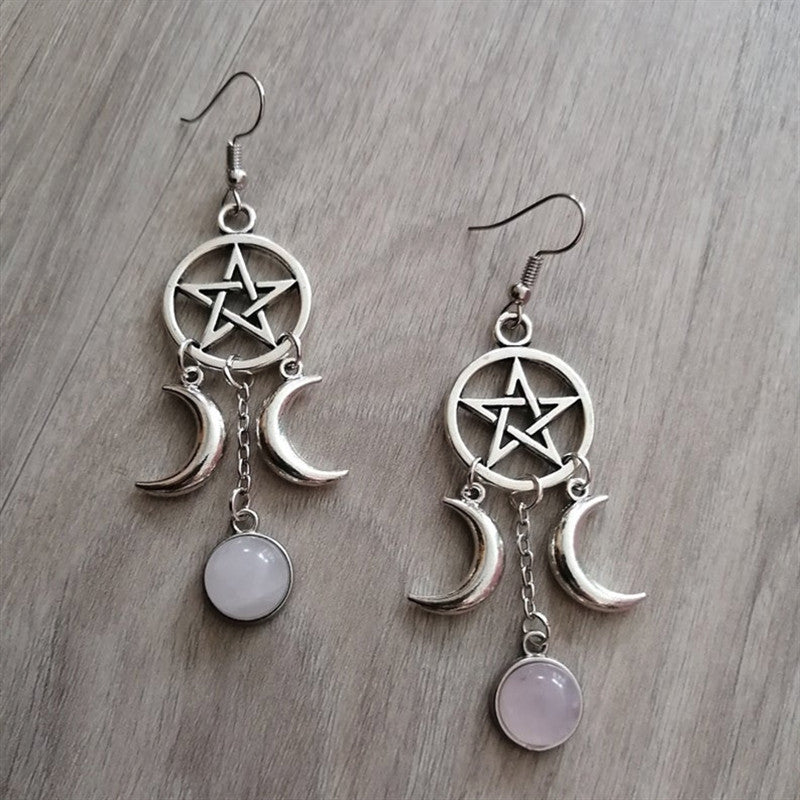 Pentagram Triple Moon Purple Stone Natural Earrings
