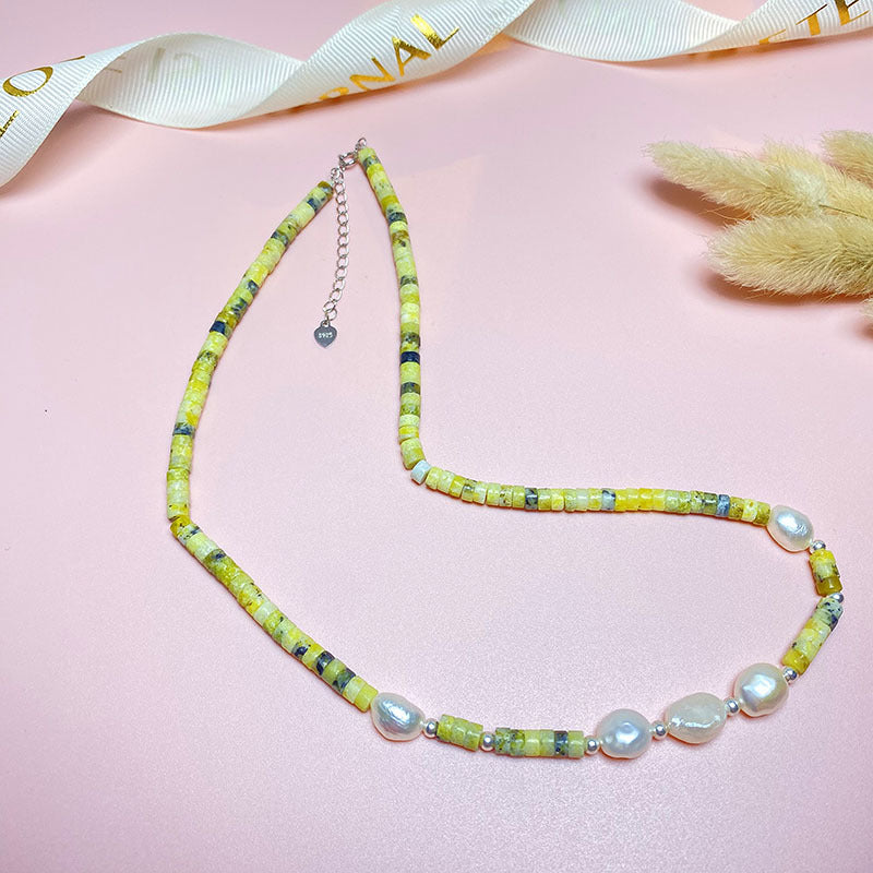 Sier Natural Baroque Pearl Kiwi Fruit Green Stitching Beaded Necklaces