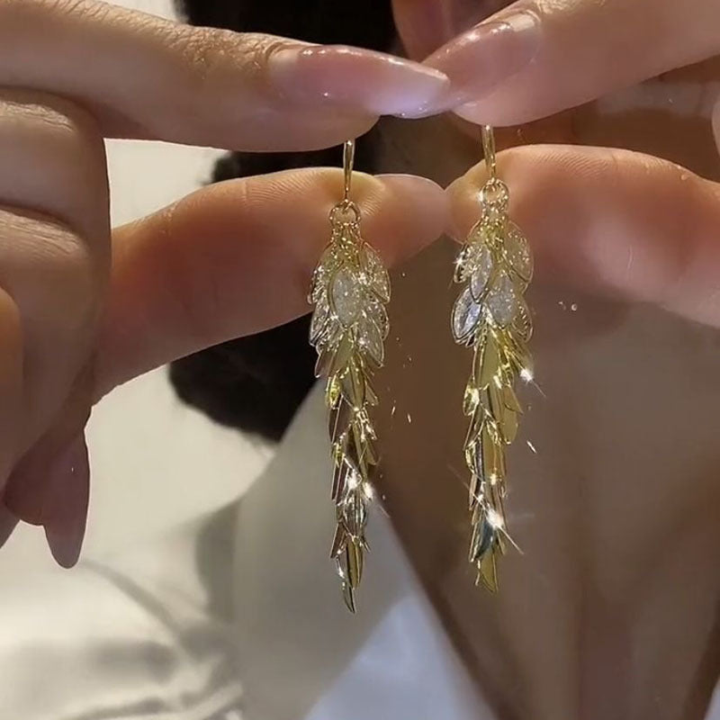 High-grade Shining Diamond Zircon Wheat Niche Design Long Earrings