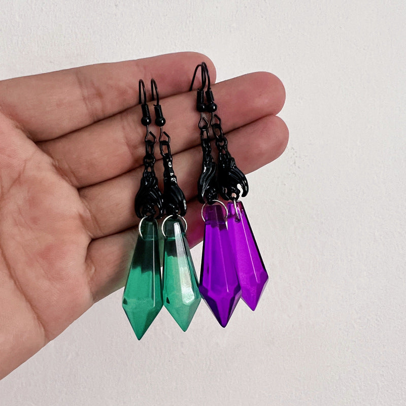 Purple Green Gem Pendant Dark Bat Earrings