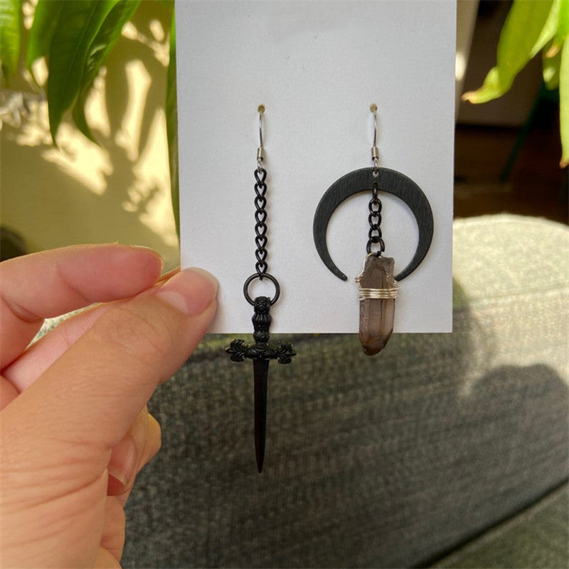Gothic Black Moon Dagger Crystal Eardrops Earrings