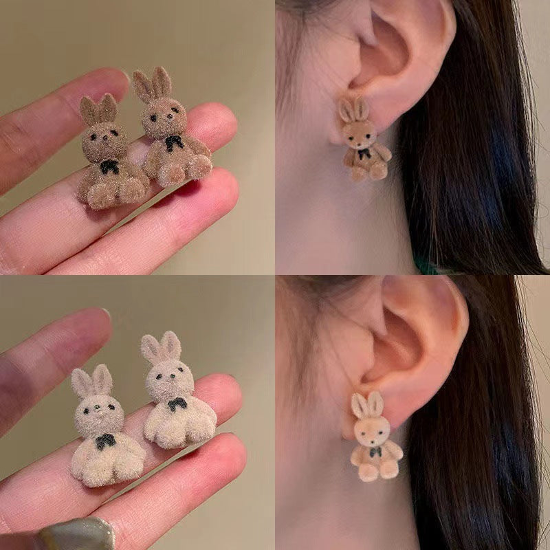 Korean Flocking Cute Bear Ear Simple Earrings