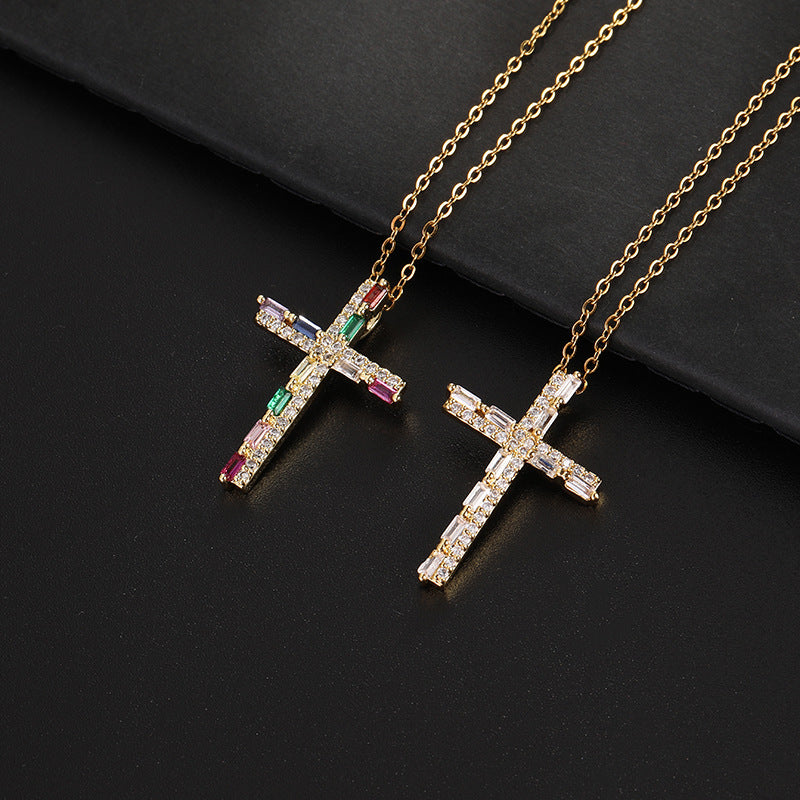 Trendy Colorful Zircon Cross Pendant Niche Personality Design Necklaces