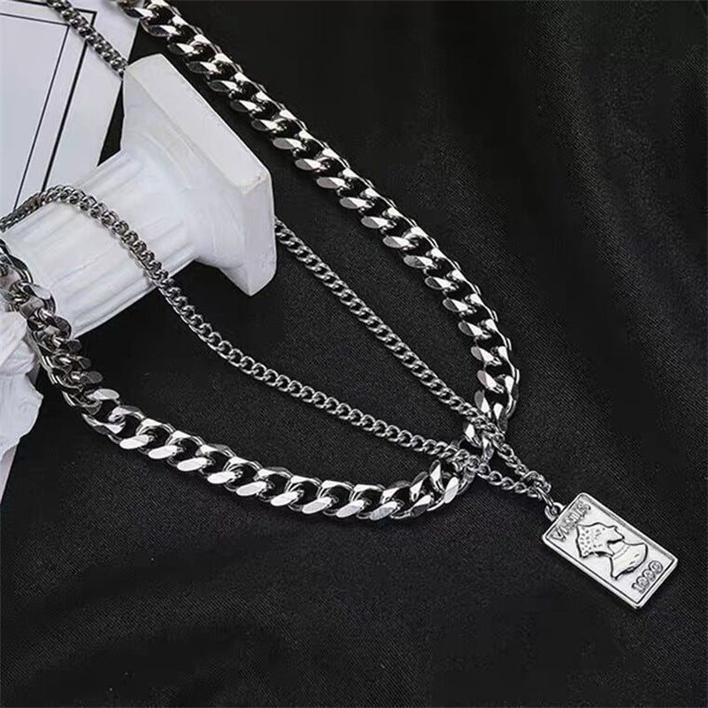 Women's & Men's Square Plate Pendant Twin Cold Style Necklaces