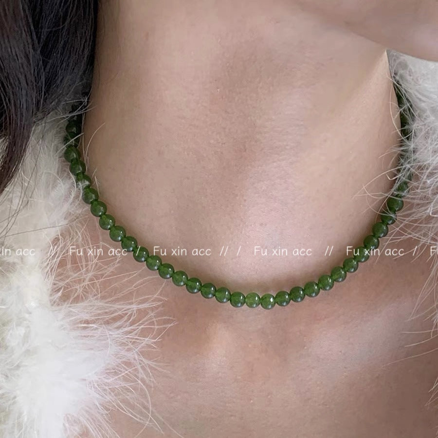 Green Chalcedony Jade Beaded Niche Design Chinese Retro Clavicle Necklaces