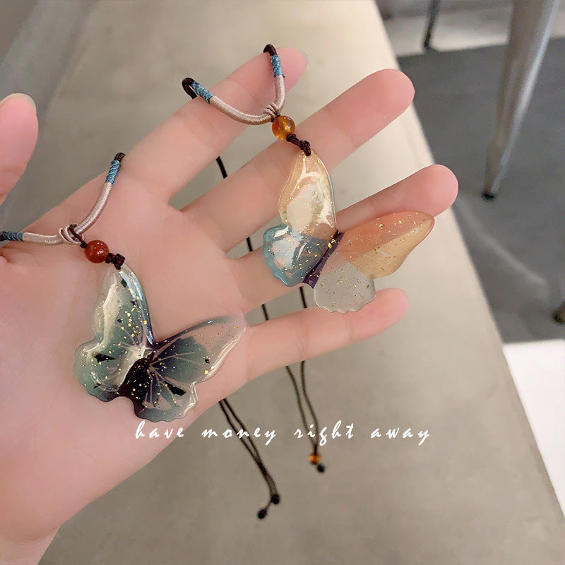 Two-color Antique Braiding String Butterfly Pendant Necklaces