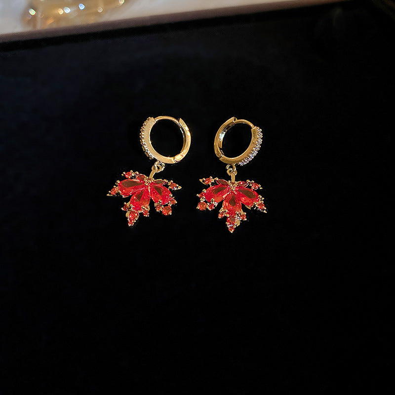 Gold Electroplated Zircon Red Maple Leaf Earrings