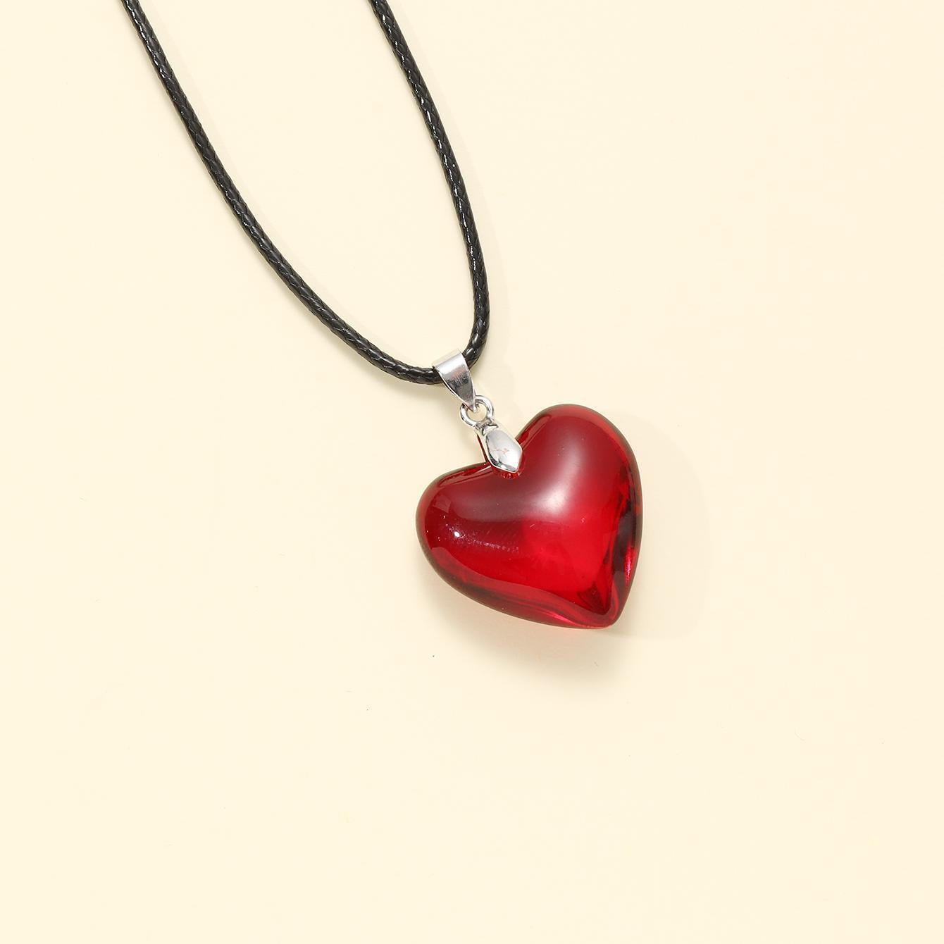 Heart-shaped Big Glass Pendant Black Leather Necklaces