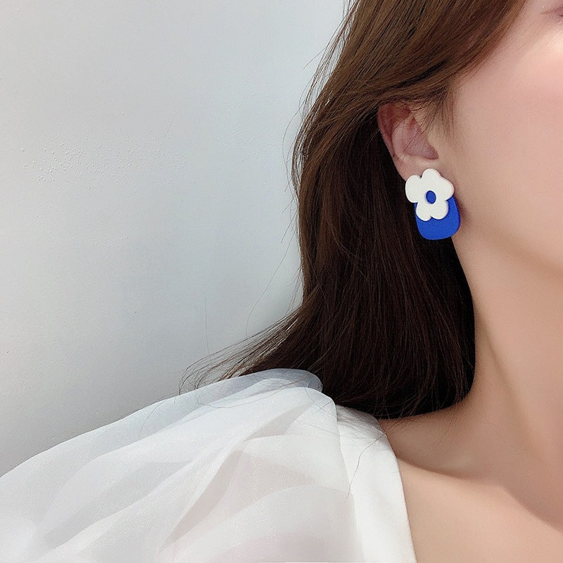 Dark Blue Flower Korean Style Resin Earrings
