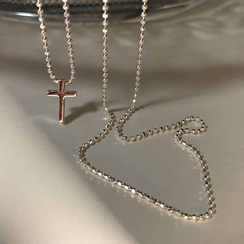 Women's Twin Sterling Sier Beads Chain Cross Necklaces