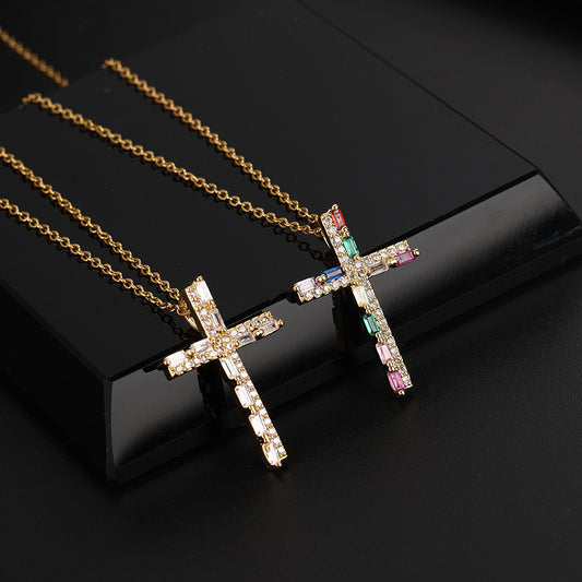 Trendy Colorful Zircon Cross Pendant Niche Personality Design Necklaces