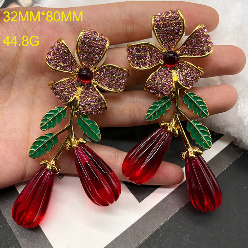 Lux Leaves Flower Mid-length Gold-plated Red Earrings