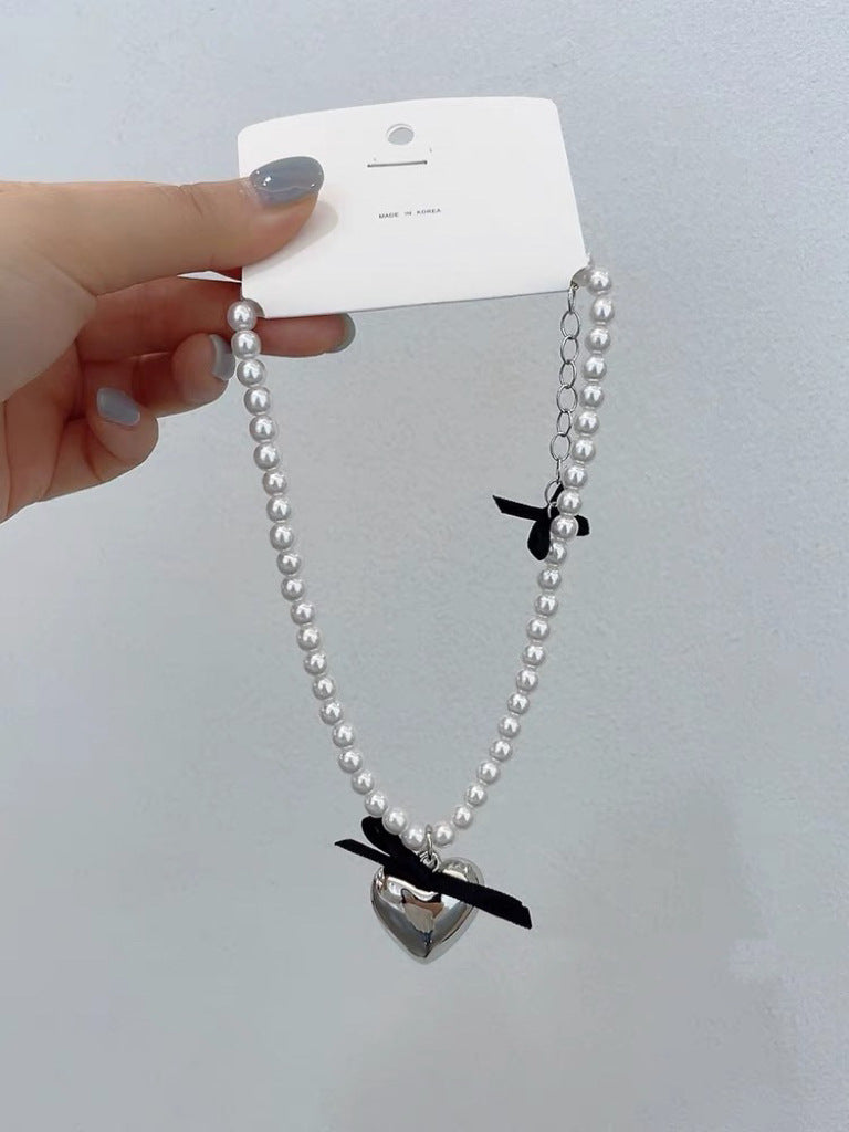 Women's Cool Style Black Ribbon Bow Pearl Heart Necklaces