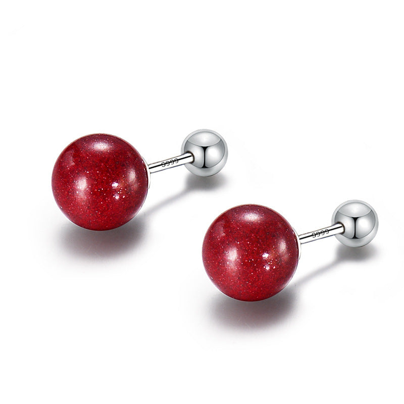 Red Ball Screw Tightening Buckle Sterling Earrings