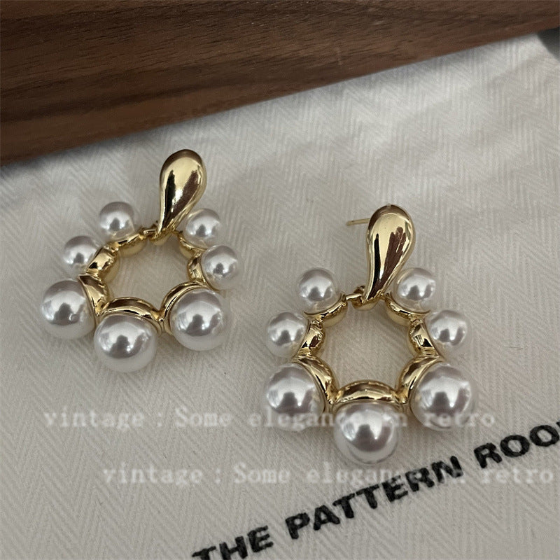 Plated Gold Irregular Circles Pearl French Earrings
