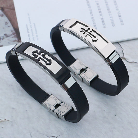 Adjustable Silicone Fashion Stainless Electroplated Cross Bracelets