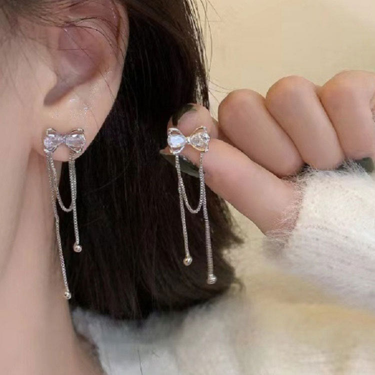 Sier Bow Tassel Simple Niche Long High Earrings