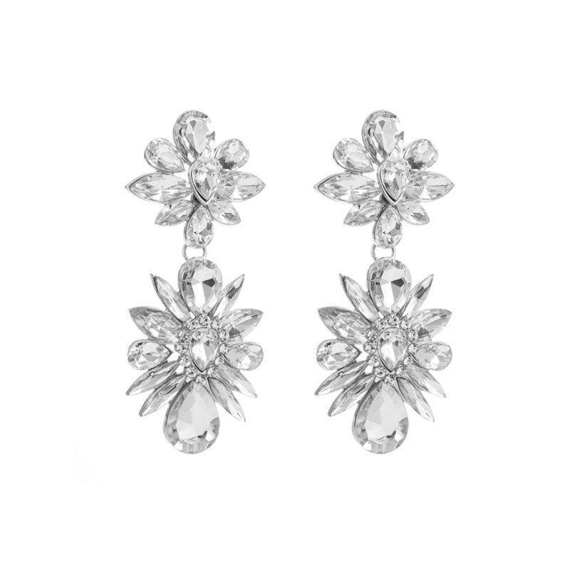 Women's Colored Diamond Metal Alloy Long Flower Earrings