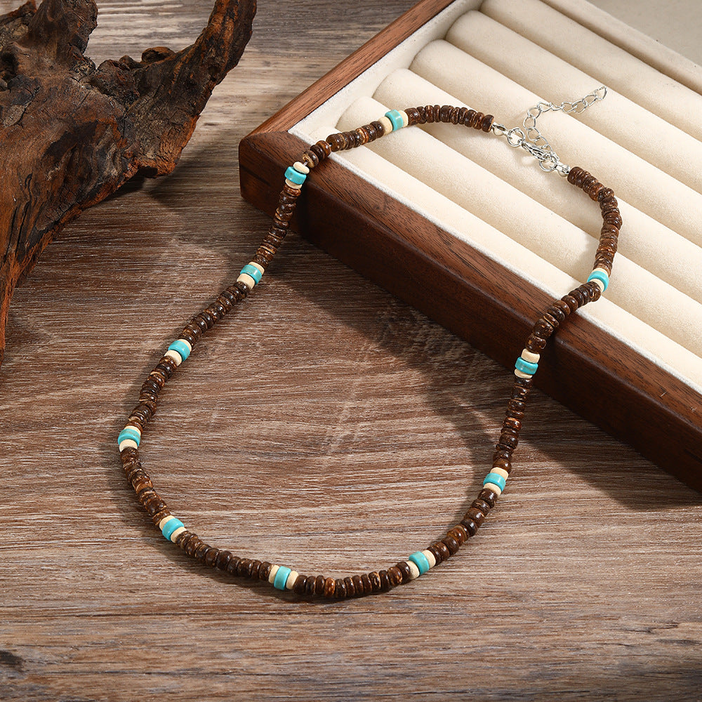 Men's Bohemian Style Coconut Shell Wooden Bead Turquoise Beaded Necklaces