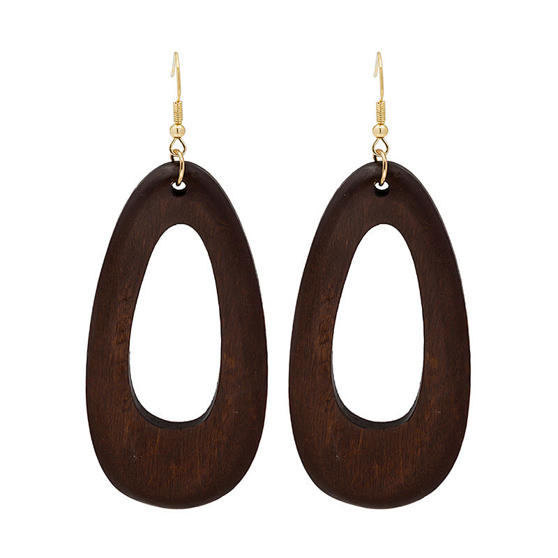 Women's Retro Geometric Wood Exaggerated Water Drop Hollow Wooden Earrings