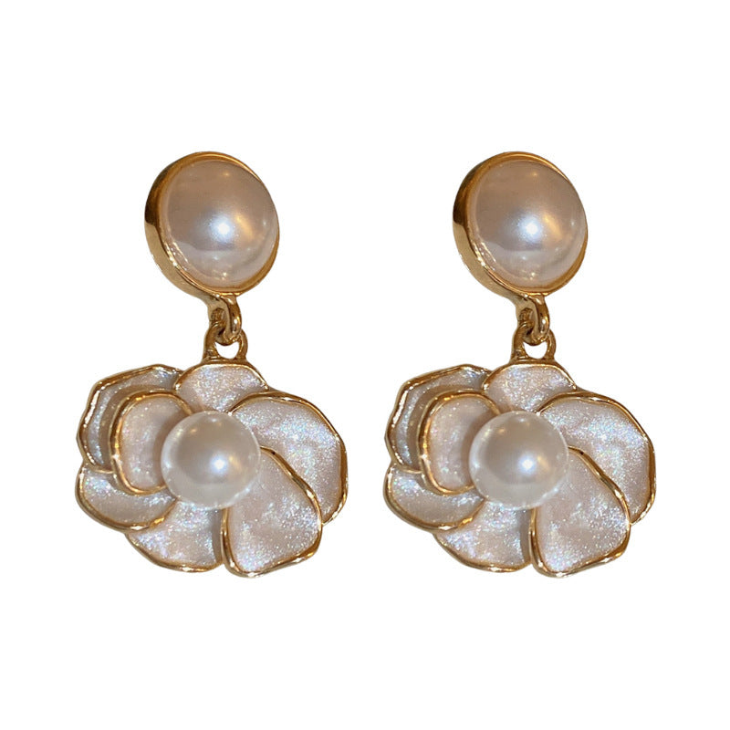 Sier Needle Drop Oil Pearl Flower Earrings