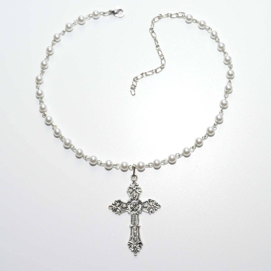 Punk Cross Gothic Ornament White Pearl Necklaces