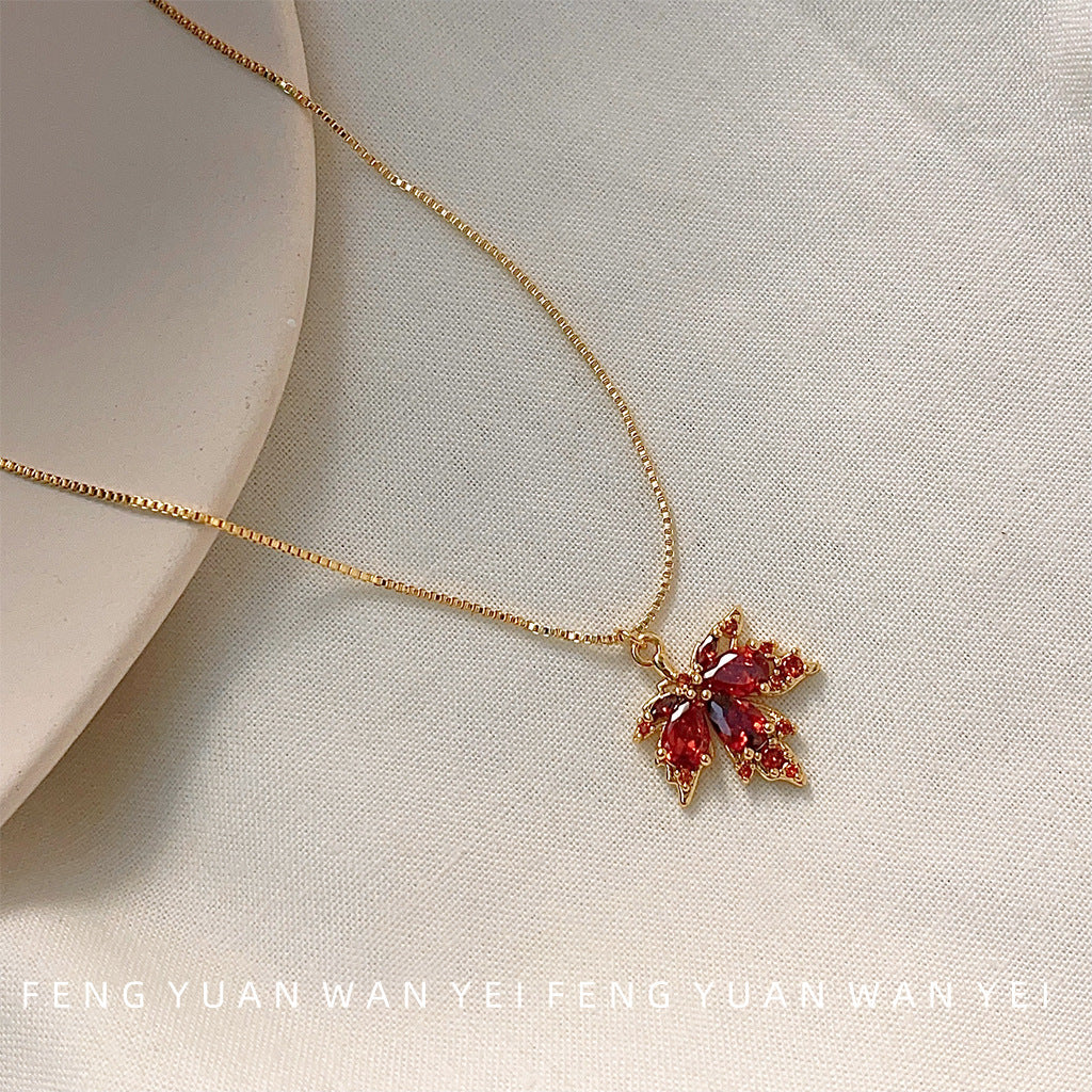 Micro Inlaid Zircon Maple Leaf Plated Necklaces