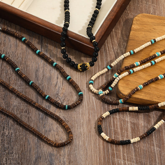 Men's Bohemian Style Coconut Shell Wooden Bead Turquoise Beaded Necklaces