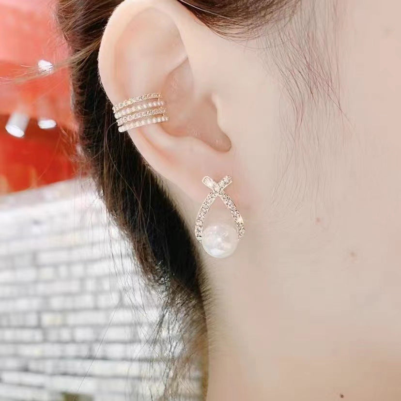 Simple And Compact Pearl Diamond Cross Earrings