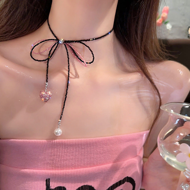 Pink Love Pearl Bowknot Beaded Female Light Necklaces