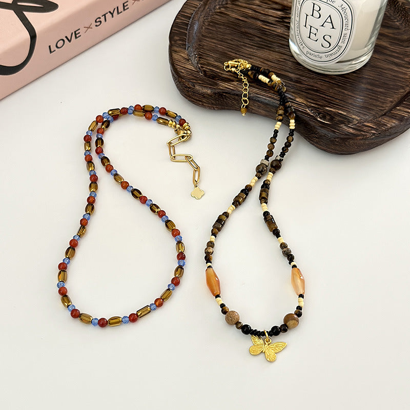 Women's Style Brown Vintage Natural Tigereye Beaded Agate Wooden Necklaces