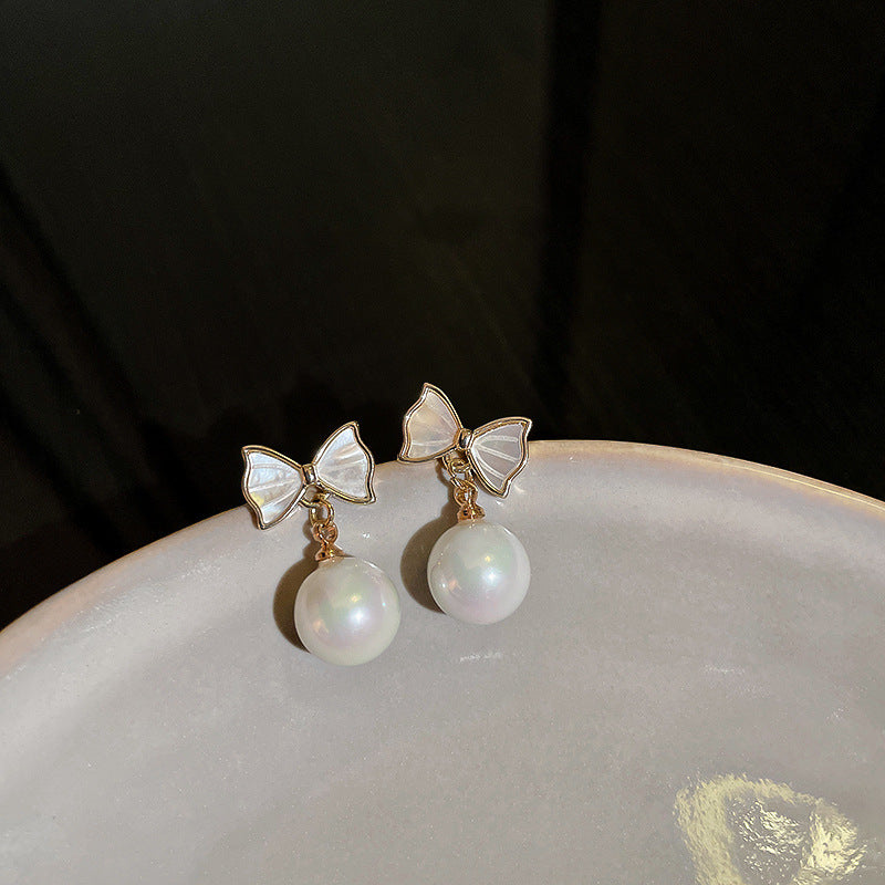 Sier Needle Simple Personalized Pearl Shell Bow Earrings