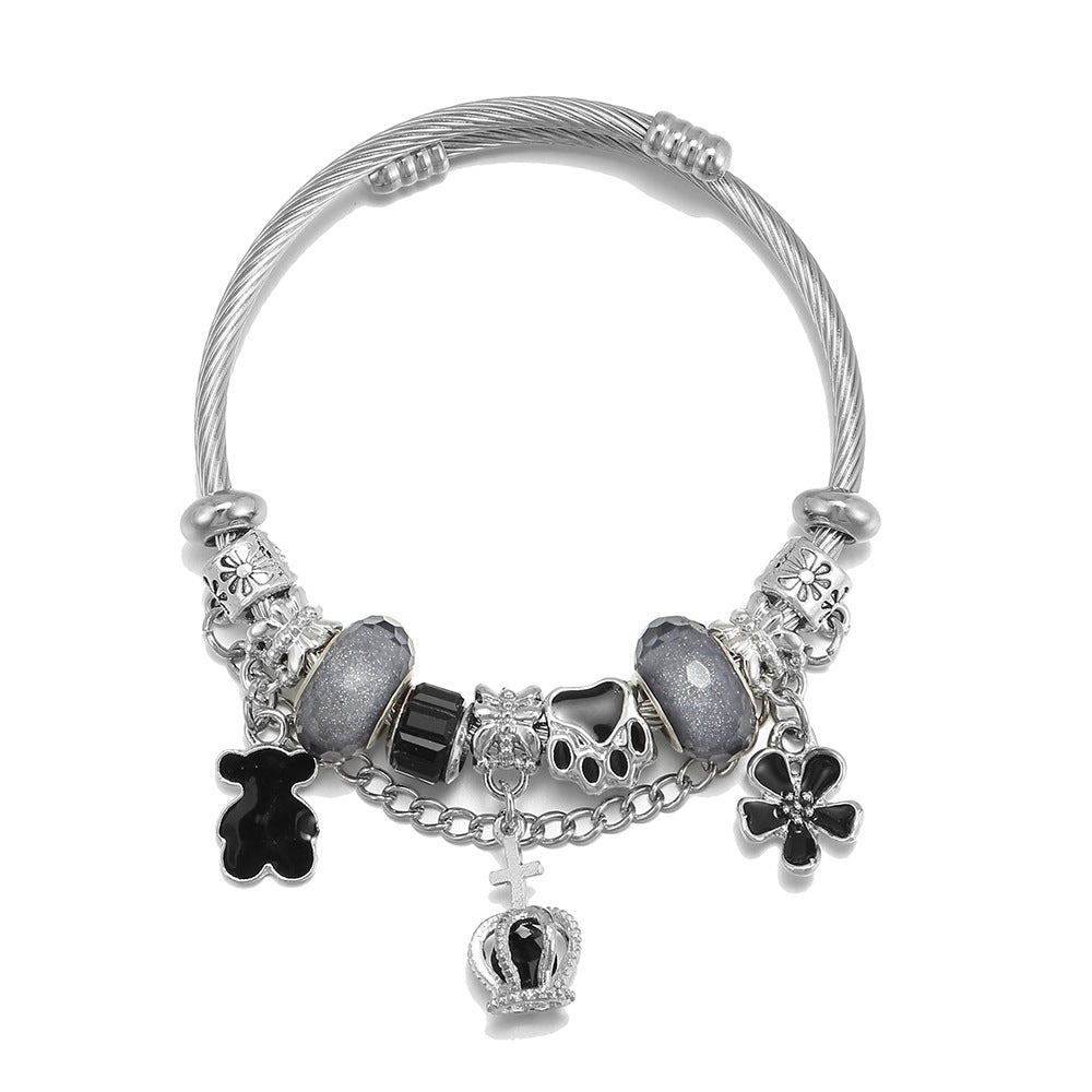 Adjustable Stainless Steel Titanium Bear Crown Pendant Bracelets