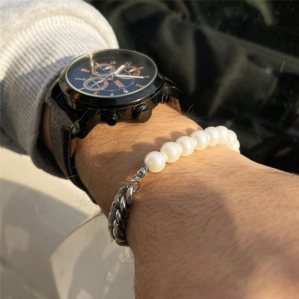 Men's Stitching Stainless Steel Cuban Chain Pearl Colorfast Titanium Necklaces