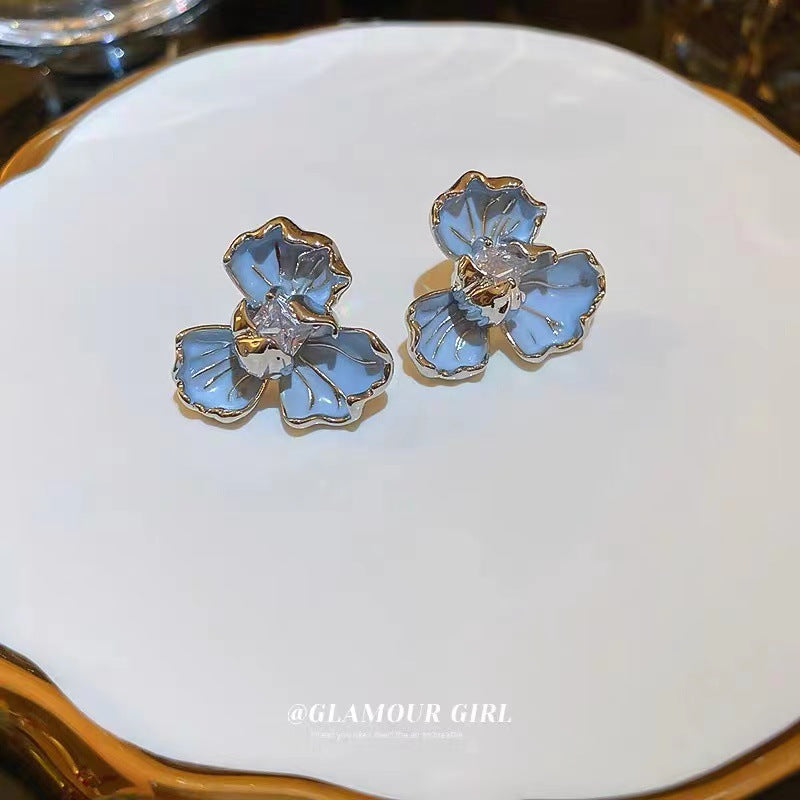Blue Flower Enamel Female Mori Style Earrings