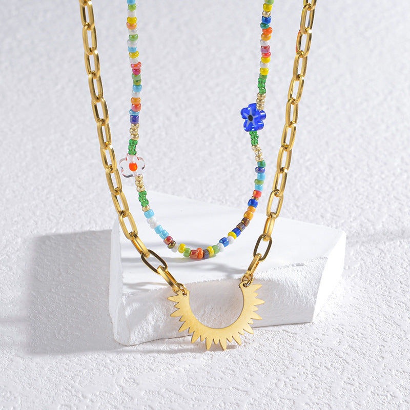 Women's Sunflower Design Color Double Layer Twin Necklaces