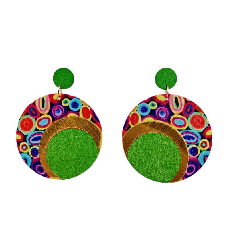 Wooden Printing Round Color Large Ornament Earrings