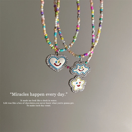 Bead Five-pointed Star Smiley Female Dopamine Full Diamond Necklaces