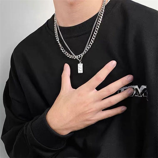 Women's & Men's Square Plate Pendant Twin Cold Style Necklaces