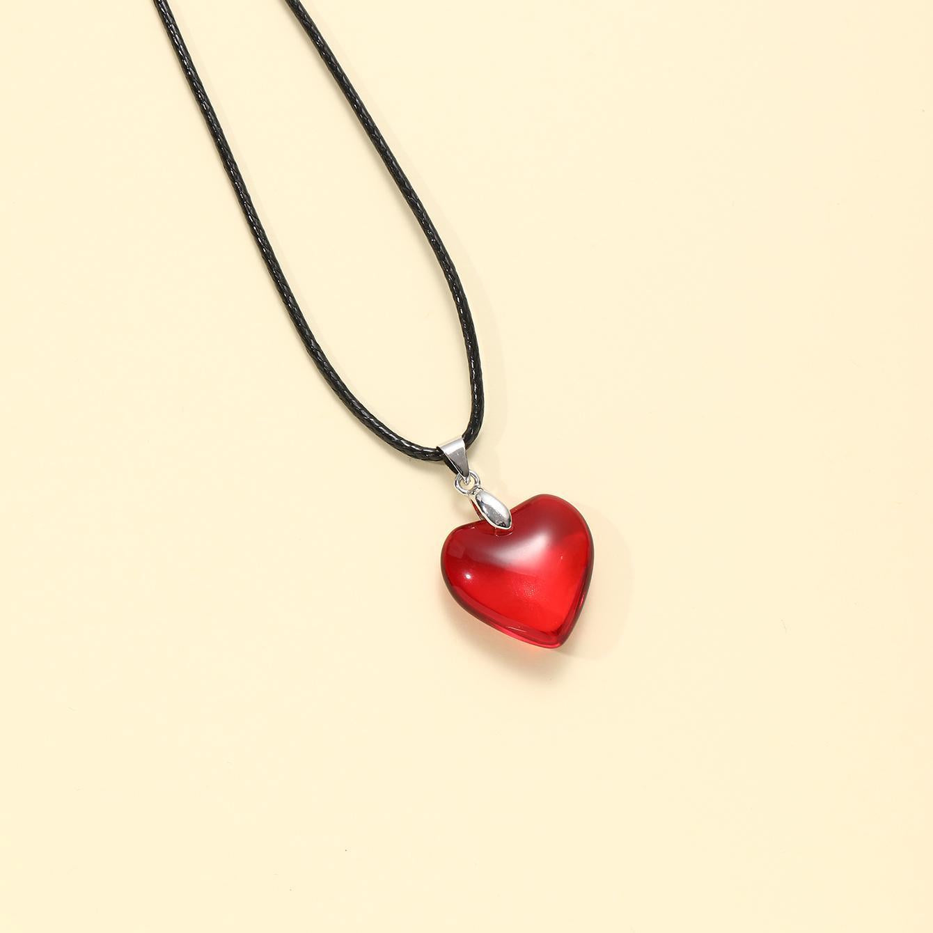 Heart-shaped Big Glass Pendant Black Leather Necklaces