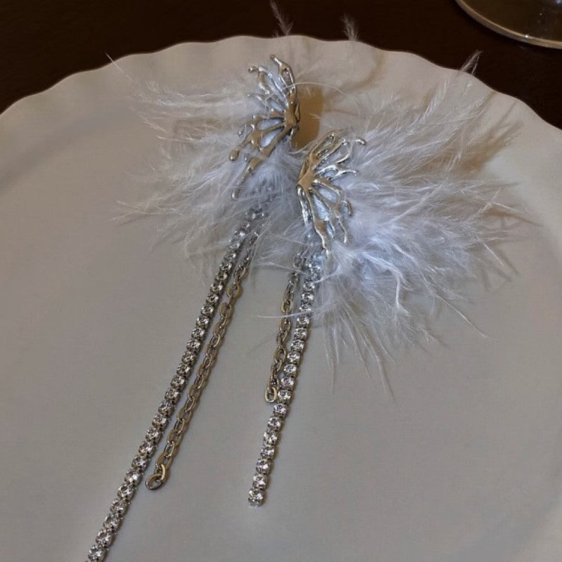 Women's Fairy Asymmetric Feather Butterfly Diamond White With Tassels Earrings