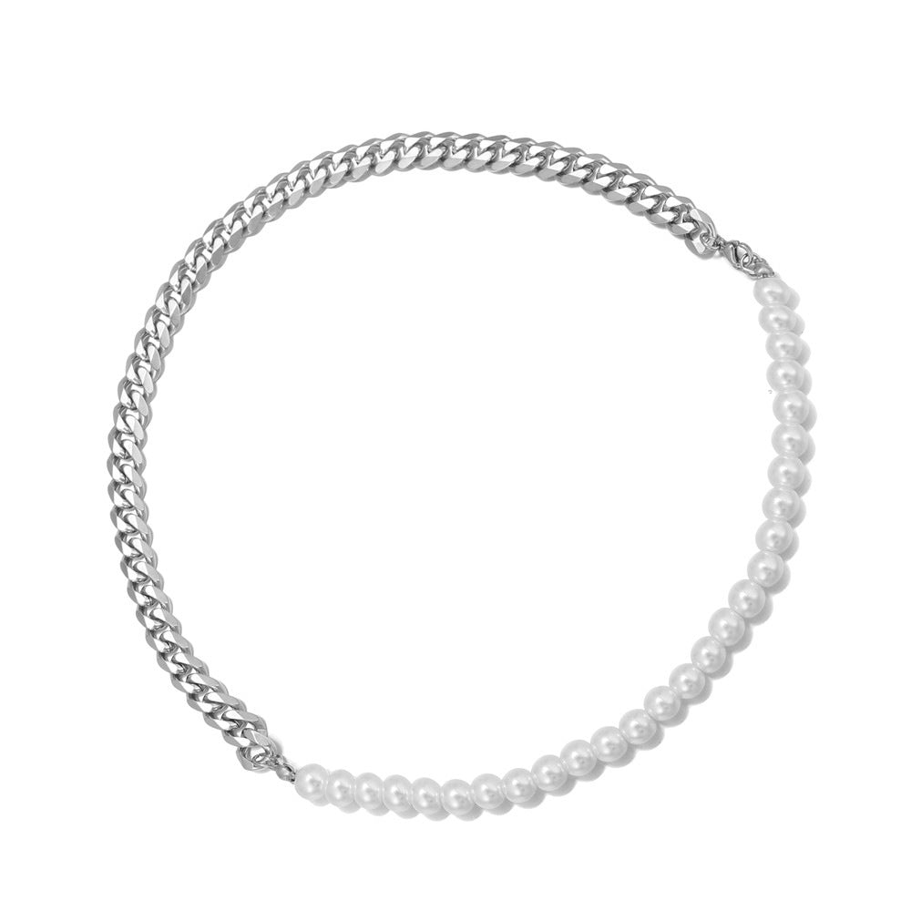 Men's Stitching Stainless Steel Cuban Chain Pearl Colorfast Titanium Necklaces