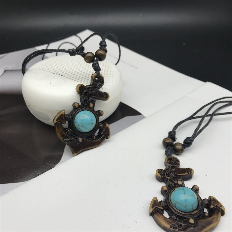 Imitation Turquoise Retro Boat Anchor Pattern Pendant Necklaces