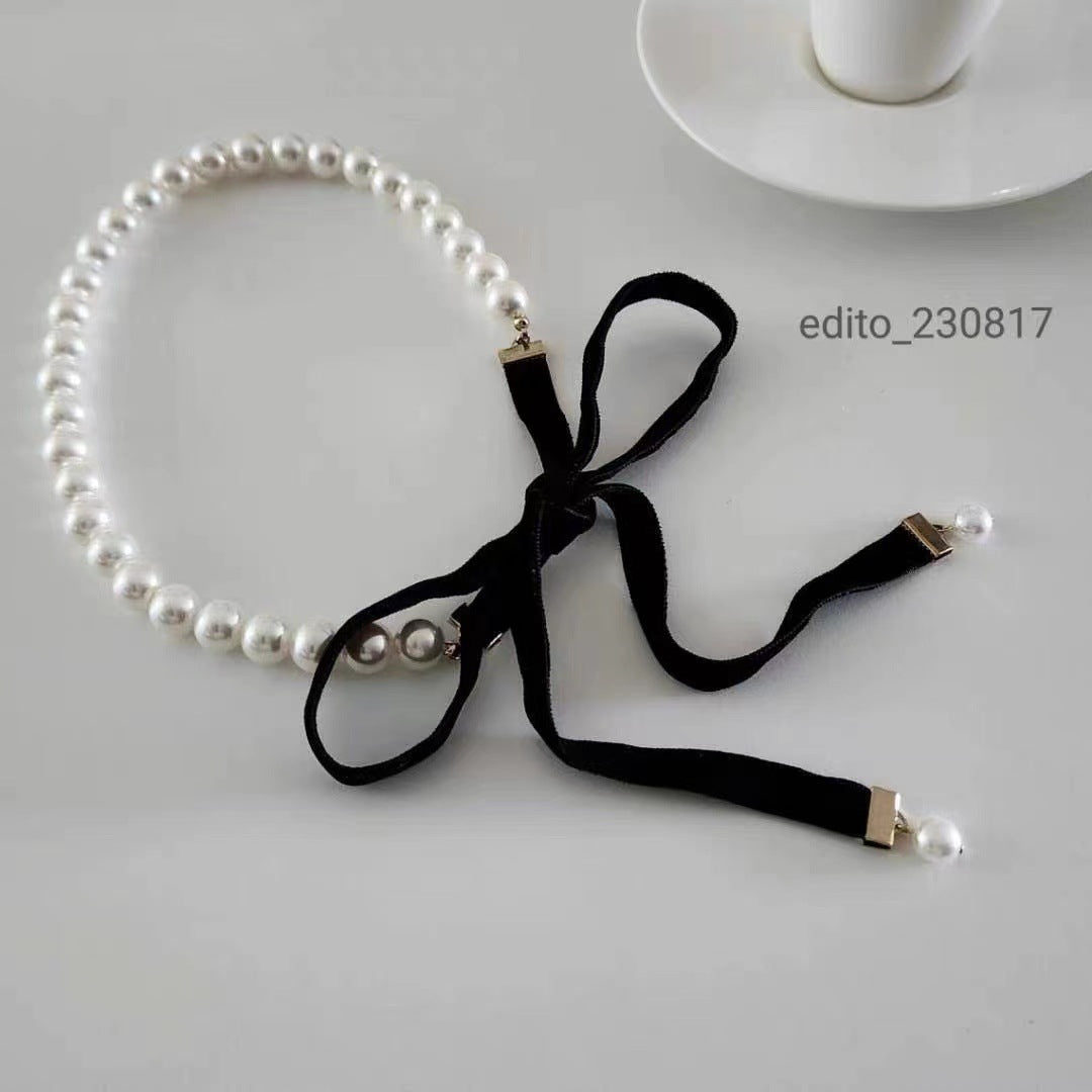 Pearl Bow Ribbon Headband Niche High Sense Outdoor Necklaces