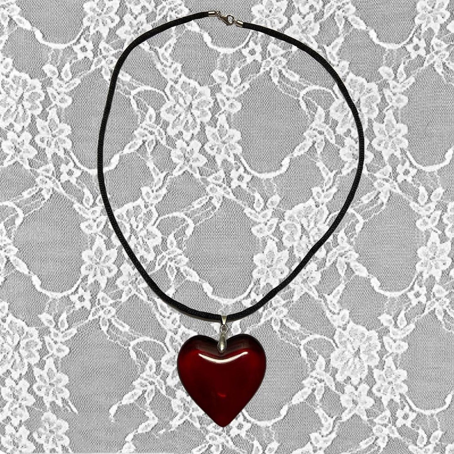 Heart-shaped Big Glass Pendant Black Leather Necklaces