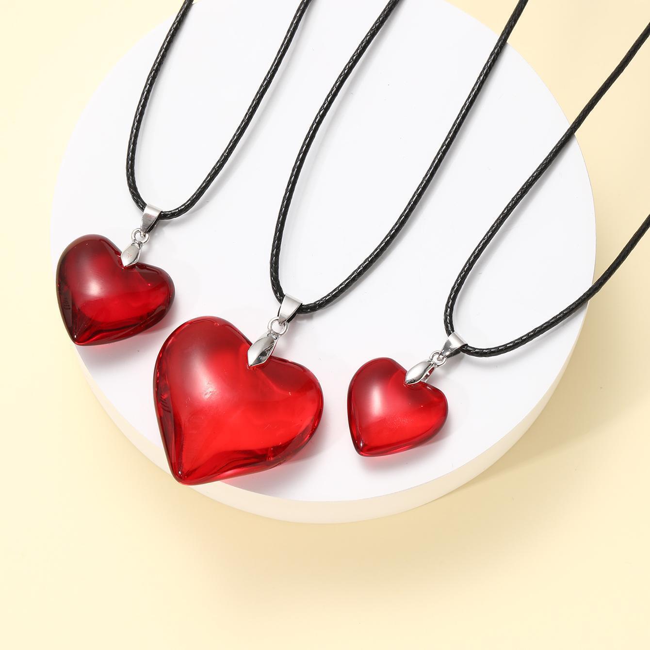 Heart-shaped Big Glass Pendant Black Leather Necklaces